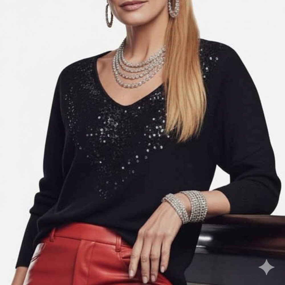 NY & Co XS Black Sequin V-Neck Dolman Sweater